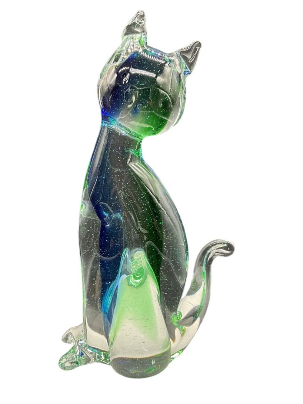 Hand-Blown Art Glass Cat w/ Sommerso Style Blue & Green Clear Bottom Heavy Glass - Picture 1 of 5